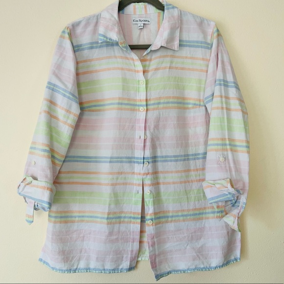 Kim Rogers linen blend button down oversized striped shirt pastel poplin plaid - Picture 5 of 8